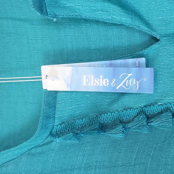 ELSIE & ZOEY Blue Lightweight Sheer Fringed V-Neck Beach Pool Coverup - Picture 3 of 12